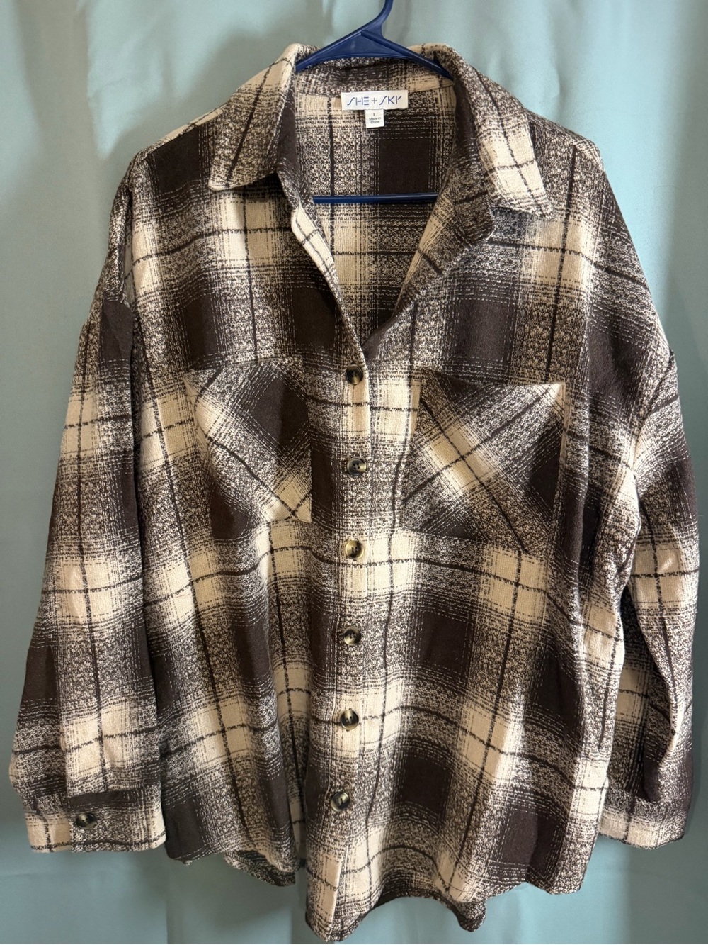 She + Sky Brown and Cream Plaid Button-Down Shirt